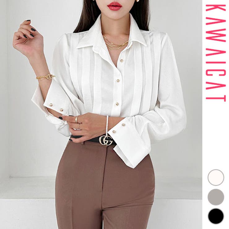 KawaiCat ブラウス レディース トップス 長袖 タイト カットソー シャツ ギャザー プリーツ タック 上品 おしゃれ きれいめ オフィス お呼ばれ 結婚式 二次会 韓国服 韓国 to27828 トップス