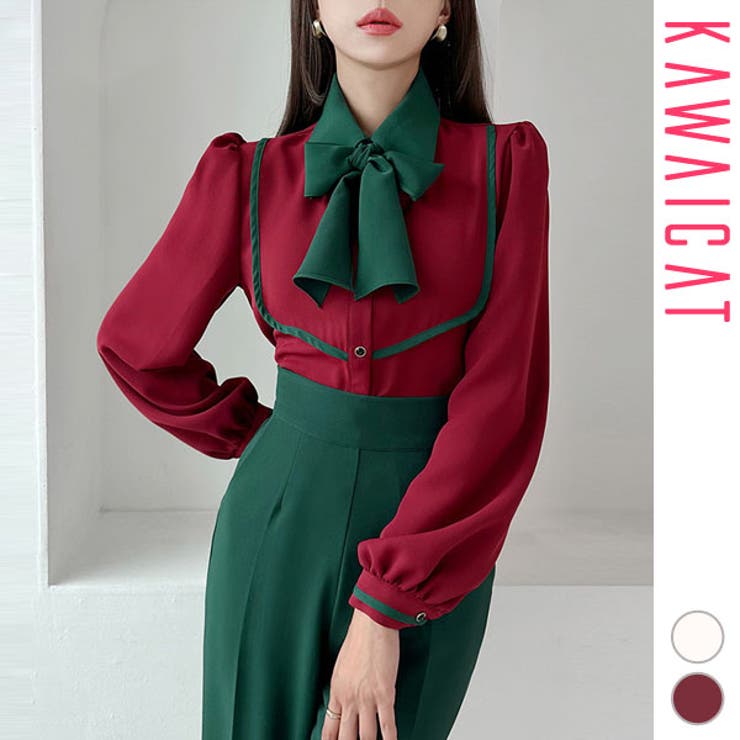 【10％OFFクーポン！7/26(日)1:59まで】KawaiCat ブラウス レディース トップス カットソー 長袖 ボウタイ リボン 鯛 カットソー パブスリーブ 配色 バイカラー 上品 おしゃれ オフィス お仕事 お呼ばれ 結婚式 通勤 OL 春