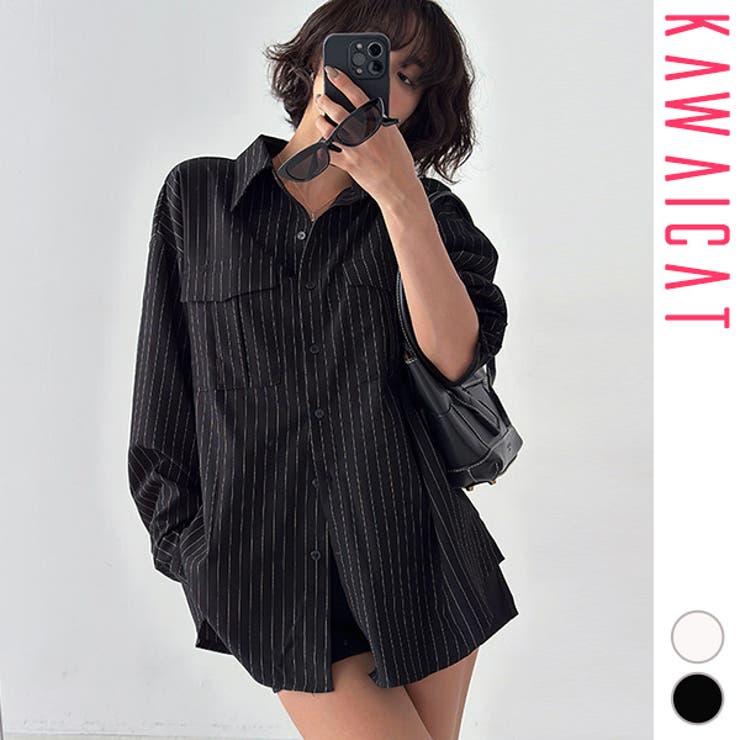 【10％OFFクーポン！7/26(日)1:59まで】KawaiCat シャツ レディース トップス 長袖 ストライプ 綿 Vネック ブラウス カットソー ロング丈 オフィス おしゃれ カジュアル 通勤 お仕事 春 秋 韓国服 韓国 sm27941 トップ