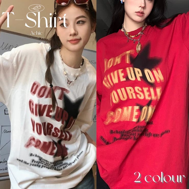 Achic レトロ英文字ロゴプリント 綿100％半袖Tシャツ オーバーサイズ トップス