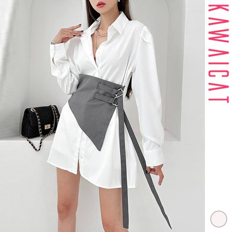 KawaiCat ワンピース レディース 長袖 ミニ ショート丈 レイヤード 重ね着 ハイウエスト 配色 バイカラー 襟付き シャツワンピース きれいめ 上品 おしゃれ オフィス 春 秋 韓国服 韓国 to27910 ワンピース・ドレス