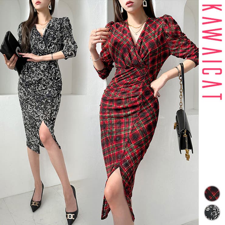 KawaiCat ワンピース レディース ロング丈 ミモレ丈 長袖 Vネック タイト 細身 ボディコン チェック ペイズリー柄 スリット 上品 おしゃれ きれいめ 春 秋 韓国服 韓国 to27802 ワンピース・ドレス