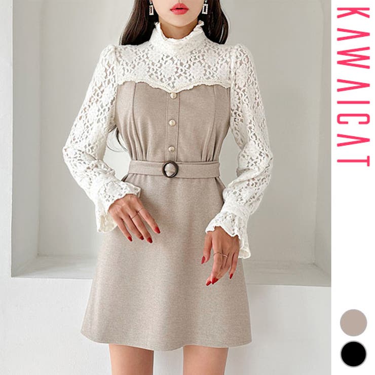 KawaiCat ワンピース レディース 長袖 ミニ ショート丈 タイト レイヤード 重ね着 フレア Aライン ハイウエスト 起毛 上品 きれいめ 秋 冬 韓国 to28038 ワンピース・ドレス