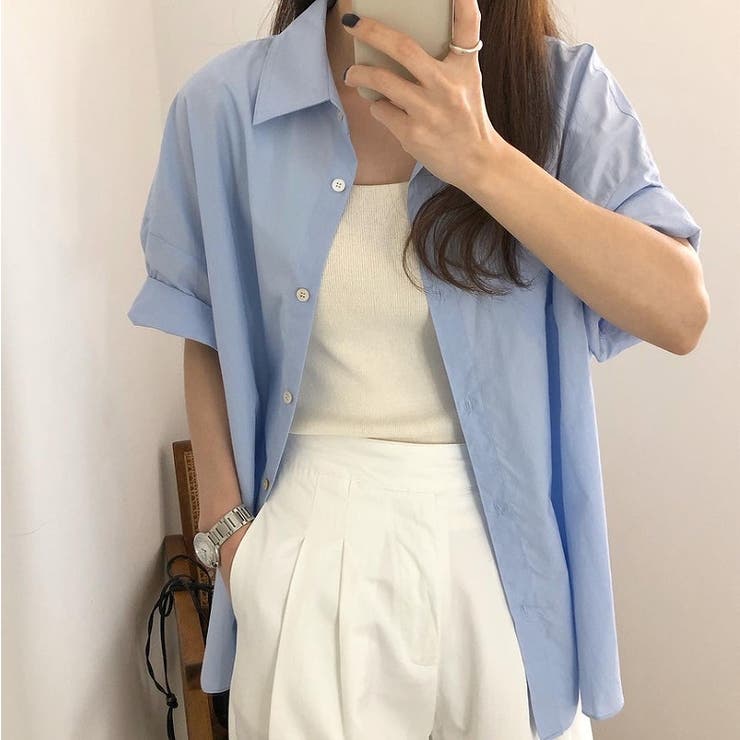 【10％OFFクーポン！7/26(日)1:59まで】Ulysses 襟付き半袖シングルブレストドロップドショルダースリーブ無地シャツ トップス