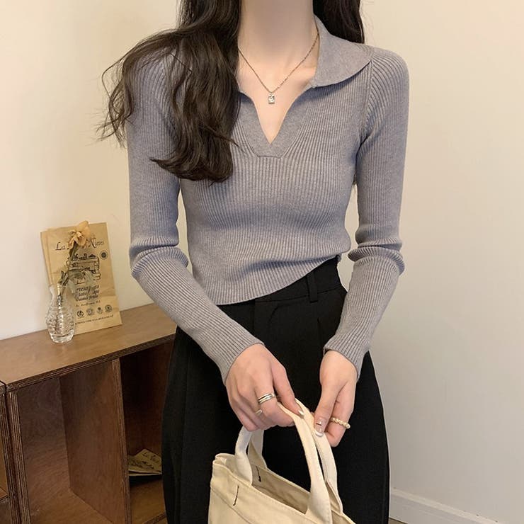 Long-Sleeved Knit - Ulysses Vネック襟付き無地ニットトップス トップス