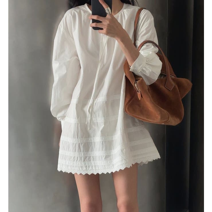 Ulysses クルーネックリボン無地レースワンピース ワンピース・ドレス