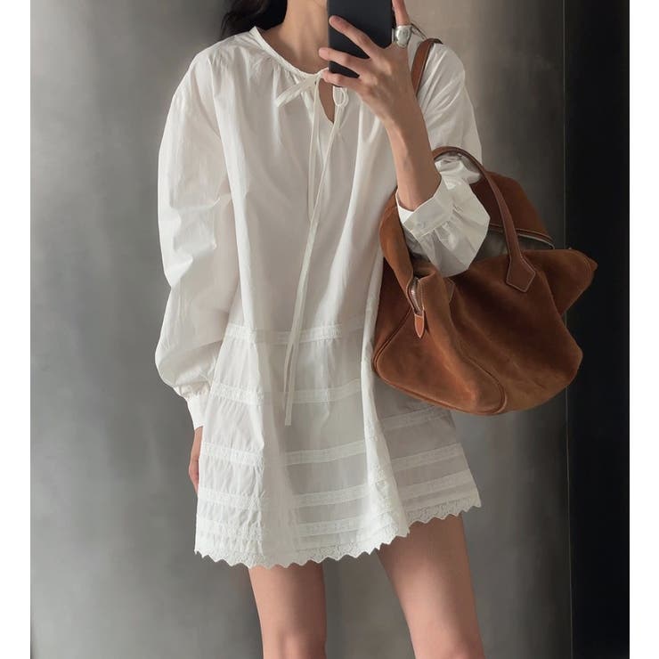 Ulysses クルーネックリボン無地レースワンピース ワンピース・ドレス