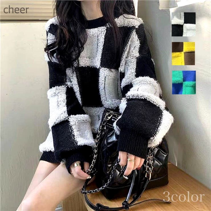 CHEER【WOMEN】 配色チェック柄ニットトップス 秋 冬 韓国 トップス ニット チュニック チェック 柄 配色 ルーズ オーバー ゆったり カジュアル ダンス ストリート トップス