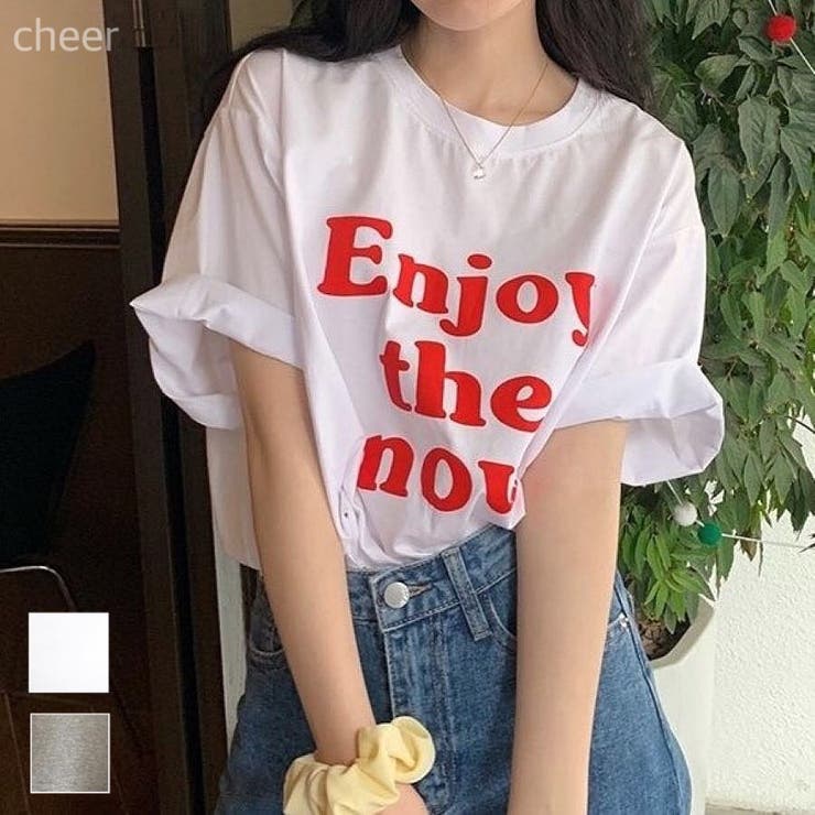 CHEER【WOMEN】 EnjoyプリントルーズTシャツ　春　夏　トップス　韓国　Tシャツ　プリント　ロゴ　シンプル　ゆったり　ルーズ　オーバー　カジュアル　ダンス　ストリート　 トップス