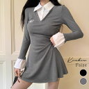 kirakiraShop レイヤード風タイトミニワンピース ワンピース 長袖 襟付き ミニ丈 コンパクト 着映え 秋冬春 カジュアル モノトーン おしゃれ セクシー カジュアル 可愛い トレンド フェミニン きれいめ 韓国 ドッキング 刺繍 蝶 ワンピ