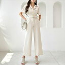 【5/15限定 15%OFFクーポン】JS FASHION オールインワン 襟付き シフォン袖 ベルト付き ロングパンツ ワイドパンツ パンツドレス サロペット...