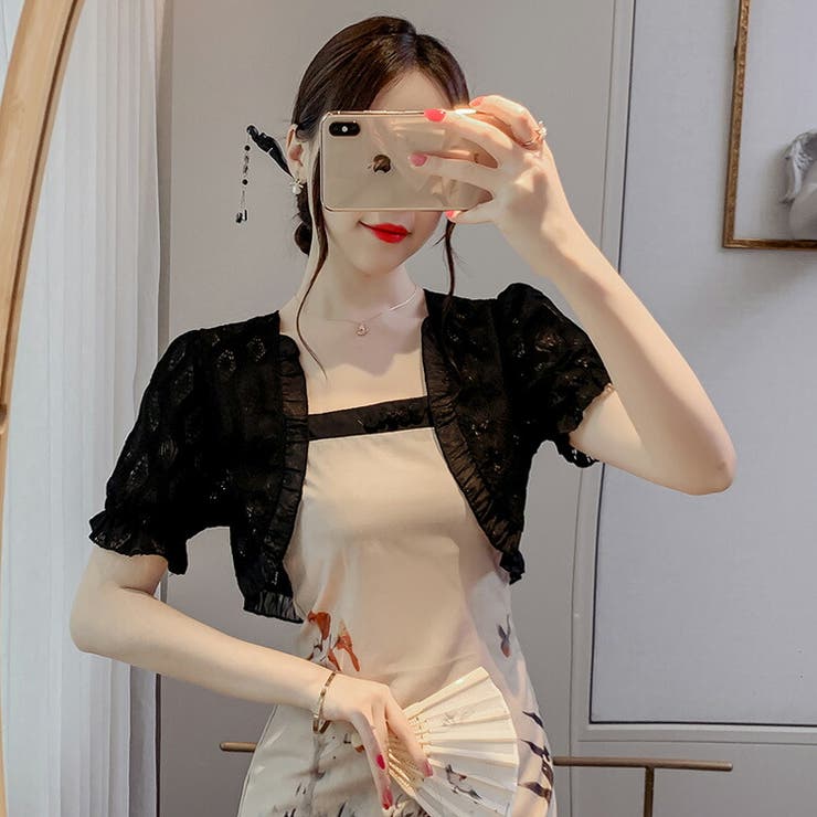 JS FASHION レース ボレロ 全3色 パフスリーブ ゴム袖 フリル 白 黒 ショート丈 ボレロ ミニ丈 半袖 シアーカーディガン シースルー 羽織り レディース きれいめ おしゃれ 冷房対策 紫外線対策 春 夏 二次会 結婚式 パーティー オケー shoplistselect-10260958 SHOPLIST サンプル画像3