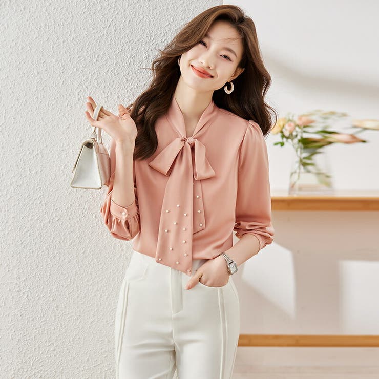 JS FASHION ブラウス 全2色 パール付き フロントリボン トップス 長袖 オフィス レディ