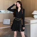 JS FASHION 裾フリル ニットワンピース 全2色 Vネック ボタン飾り ミニワンピース ニット 長袖 無地 黒 タイトワンピ タイト ワンピース ミニ丈 膝上 ポケット きれいめ スリム 細見え デイリー おしゃれ 冬ワンピース 上品 大人カジュ