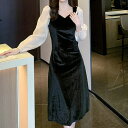 JS FASHION ベロアワンピース バイカラー シースルー袖 Aラインワンピ 黒ワンピ Aライン ワンピース ひざ丈 ミディアム丈 膝下 ミモレ丈 ガーリー きれいめ 体型カバー 大きいサイズ 結婚式 成人式 卒業式 同窓会 春 秋 冬 レディース