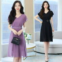 JS FASHION ワンピース 全2色 半袖 シフォン 黒ワンピ 無地 Aライン ワンピース ウエストマーク ひざ丈 ミディアム丈 シンプル 大人可愛い ガーリー きれいめ 体型カバー 上品 大きいサイズ 春 夏 ディナーショー 服装 同窓会 結婚式【