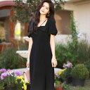 JS FASHION ワンピース 全2色 半袖 フロントリボン パフスリーブ 黒ワンピ 白 黒 無地 ロングワンピース Aライン ワンピース ひざ丈 ミディアム丈 膝下 ガーリー きれいめ 体型カバー 大きいサイズ 春 秋 冬 同窓会【hum234001