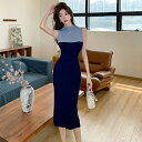 JS FASHION ワンピース 全2色 バイカラー ハイネック ノースリーブ リブニット 黒 紺 タイトワンピ ミモレ丈 ミディアム丈 膝下 きれいめ スリム 細見え デイリー おしゃれ 上品 大人 かわいい シンプル 夏ワンピ 春 夏 通学 通勤【j