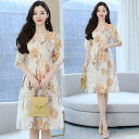JS FASHION 花柄ワンピ ひまわり柄 向日葵 ウエストリボン 5分袖 花柄 ワンピース Aライン ロングワンピース 大人 ひざ丈 ミディアム丈 膝下 きれいめ 二次会 食事会 デート 体型カバー 大きいサイズ リゾート 夏ワンピ 春 夏【ypy