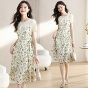 JS FASHION 花柄ワンピ チューリップ柄 ドッキングワンピース 半袖 クルーネック 花柄 ワンピース Aライン 大人 ひざ丈 ミディアム丈 ガーリー きれいめ 二次会 食事会 デート 体型カバー 大きいサイズ リゾート 夏ワンピ 春 夏【ypy8