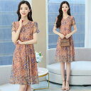 JS FASHION 花柄 ワンピース スカラップネック シフォン シースルー 半袖 Aラインワンピース 大人可愛い ひざ丈 ミディアム丈 ガーリー きれいめ 二次会 食事会 フェミニン 体型カバー 大きいサイズ リゾート 夏ワンピ 春 夏 旅行 海【y