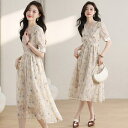 JS FASHION 花柄 ワンピース シフォン 半袖 Aライン ワンピース 大人可愛い Vネック ひざ丈 ミディアム丈 膝下 ミモレ丈 ロング丈 ガーリー きれいめ 二次会 食事会 フェミニン オフィス 体型カバー 大きいサイズ リゾート 夏ワンピ 春
