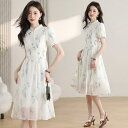 JS FASHION 花柄 ワンピース チャイナドレス風 半袖 シフォン シアー シースルー Aライン 大人可愛い ひざ丈 ミディアム丈 ハロウィン ガーリー きれいめ 二次会 フェミニン 体型カバー 大きいサイズ リゾート 夏ワンピ 春 夏 秋【ypy