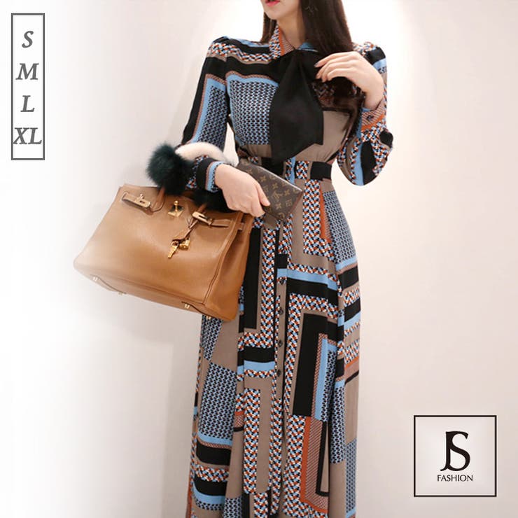 【20％OFFクーポン！1/10(土)限定！】JS FASHION ロングワンピース 柄プリント リボン付き シャツワンピース風 フロントボタン Aライン ロング丈 秋 長袖 袖あり きれいめ華やかおしゃれ 大人セクシー S M L XL 大きいサイズ