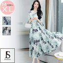 JS FASHION 花柄ワンピース 全2色 Aラインロングワンピース リボン シースルーシフォン 七分袖 ロング丈 マキシ丈 きれいめ デイリーおしゃれ 大人ガーリー 体型カバー 大きいサイズ 上品 お呼ばれ 食事会 女子会 パーティードレス 結婚式リ