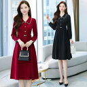 JS FASHION Aラインワンピース 全2色 パール飾り 襟付き ウエストマーク 黒ワンピ フロントボタン ワンピース 長袖 黒 赤 ひざ丈 ミディアム丈 膝下 ガーリー きれいめ 体型カバー 上品 エレガント 成人式 結婚式 食事会 春コーデ 春ワ