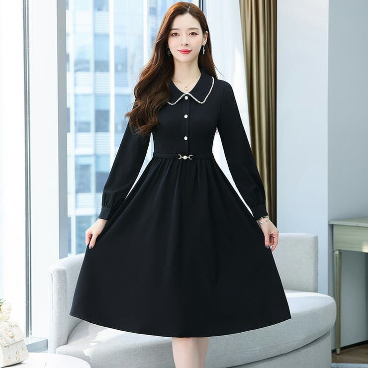 JS FASHION Aラインワンピース 全2色 パール飾り 襟付き ウエストマーク 黒ワンピ フロントボタン ワンピース 長袖 黒 赤 ひざ丈 ミディアム丈 膝下 ガーリー きれいめ 体型カバー 上品 エレガント 成人式 結婚式 食事会 春コーデ 春ワ