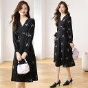 JS FASHION 花柄ワンピース カシュクール Aライン ロングワンピース 黒 長袖 大人可愛い 花柄 ワンピース 膝下 ミモレ丈 ロング丈 ガーリー きれいめ 二次会 食事会 フェミニン オフィス 体型カバー 大きいサイズ 春ワンピース 秋ワンピー