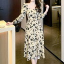 JS FASHION 花柄ワンピース 長袖 薄手 Aライン ダイヤモンドネック パフスリーブ 可愛い フレアワンピ ミディアム丈 膝下丈 きれいめ 二次会 食事会 フェミニン オフィス 体型カバー 大きいサイズ リゾート 春 夏 秋【ypy8310250