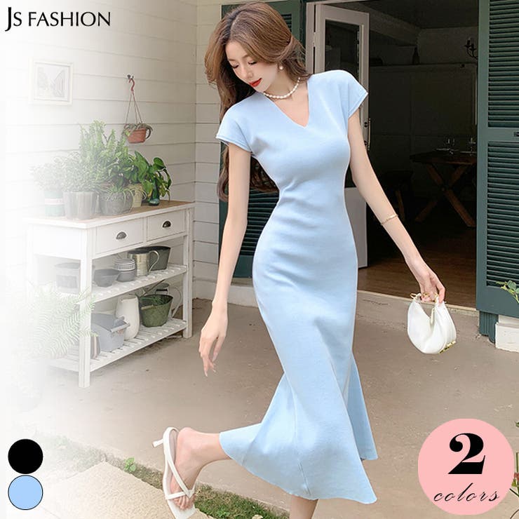 JS FASHION マーメイドワンピース 全2色 半袖 Vネック ロングワンピース 無地 黒 タイトワンピ タイトワンピース ロング丈 ミモレ丈 きれいめ スリム 細見え デイリー おしゃれ 上品 大人カジュアル リゾートワンピ 夏ワンピース 春 夏