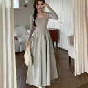 JS FASHION ドッキングワンピース 全2色 スクエアネック リブトップス Aライン フレア 無地 黒 長袖 ワンピース ロング丈 スリム 細見え デイリー おしゃれ かっこいい ガーリー フェミニン シンプル 大人可愛い デート 秋ワンピース 春