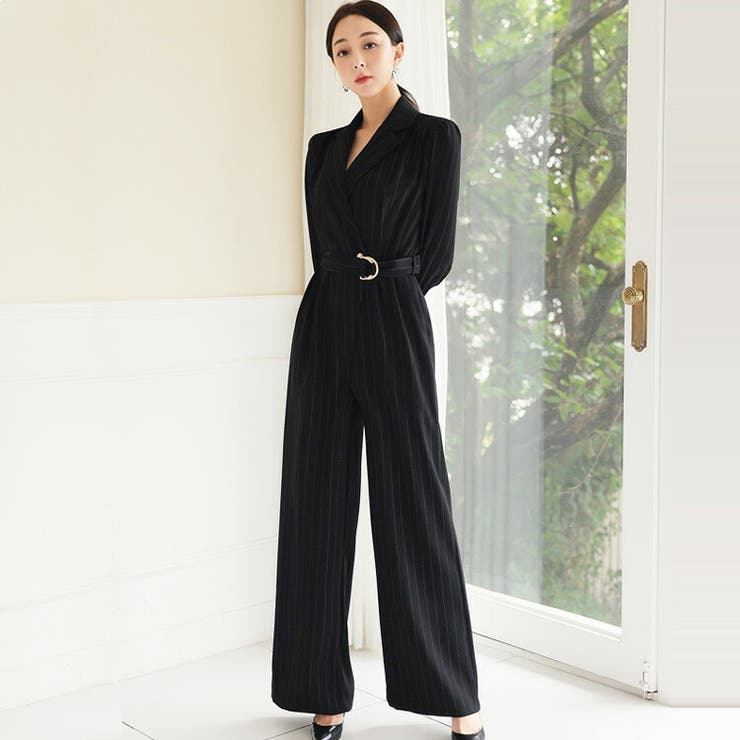 SHOPLISTのJS FASHION パンツドレス 結婚式 二次会 ストライプ柄 オールインワン 襟付き 黒 パーティードレス ロングパンツ ワイドパンツ フレアパンツ スーツスタイル リングベルト きれいめ 春 秋 冬 華やかおしゃれ 大人セクシー S M L XL｜アングル2