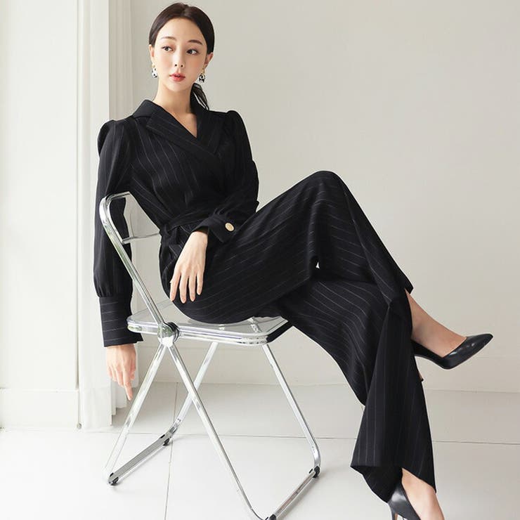SHOPLISTのJS FASHION パンツドレス 結婚式 二次会 ストライプ柄 オールインワン 襟付き 黒 パーティードレス ロングパンツ ワイドパンツ フレアパンツ スーツスタイル リングベルト きれいめ 春 秋 冬 華やかおしゃれ 大人セクシー S M L XL｜アングル3