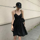 JS FASHION Aラインワンピース バッククロス ノースリーブワンピ キャミワンピ 黒 ウエストマーク Aライン ワンピース ミニ丈 無地 膝上 細見え ...
