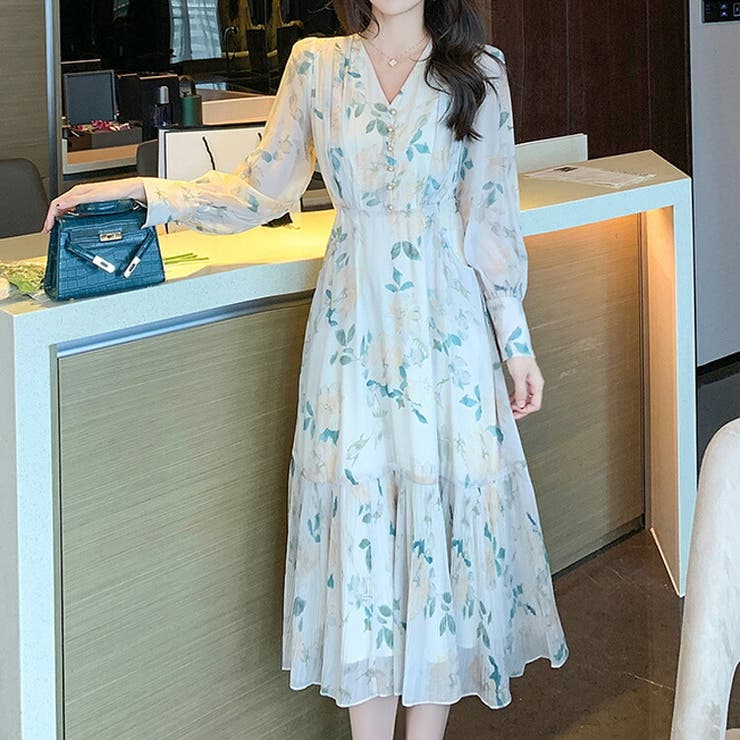 JS FASHION 花柄ワンピ シフォン シースルー 花柄 ワンピース Vネック 長袖 Aライン ロングワンピ 大人 膝下 ミモレ丈 ロング丈 ガーリー きれいめ 二次会 食事会 デート 体型カバー 大きいサイズ リゾートワンピ 夏ワンピ 春 夏【yp