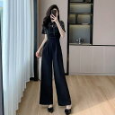【5/15限定 15%OFFクーポン】JS FASHION パンツドレス 結婚式 黒 レース チャイナ風 ウエストマーク オールインワン 半袖 ロングパンツ フ...