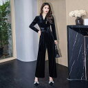 【5/15限定 15%OFFクーポン】JS FASHION パンツドレス カシュクール ベロア オールインワン ロングパンツ フレアパンツ ワイドパンツ パーテ...