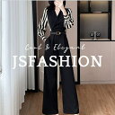 【5/15限定 15%OFFクーポン】JS FASHION パンツドレス 襟付き オールインワン ストライプ袖 長袖 バイカラー 黒 切替 ロングパンツ フレア...