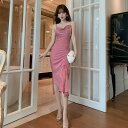 JS FASHION タイトワンピース キャミワンピース ビジュー飾り 光沢感 ギャザー 無地 パーティードレス アシンメトリー ロング丈 きれいめ 華やか おしゃれ セクシー 上品 ゴージャス レトロ風 リゾート 謝恩会 二次会 発表会 お呼ばれ 食事