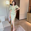JS FASHION 花柄ワンピース 総柄 シフォン パフショルダー ボタン飾り パーティードレス タイト ワンピース 半袖 ロング丈 きれいめ 華やか おしゃれ セクシー 上品 エレガント 大きいサイズ リゾート 謝恩会 二次会 発表会 お呼ばれ 食事
