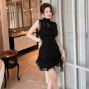 JS FASHION ブラックワンピ ギャザー入り パーティードレス シースルー ブラックドレス 黒 タイト ワンピース ノースリーブ ミニ丈 ミニワンピ きれいめ 華やか おしゃれ セクシー 大きいサイズ 小悪魔系 謝恩会 二次会 発表会 お呼ばれ レ