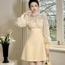 JS FASHION フレアワンピ ビジューネック スパンコール 立体花モチーフ生地 シースルー ドッキング パーティードレス パフスリーブ フレア ワンピース 長袖 ミ二丈 春 夏 秋 冬 レディース お呼ばれドレス 60代 50代 40代 30代 2