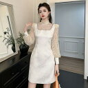 JS FASHION 花柄 ワンピース エンボス生地 ハイネック ビジュー縁取り シースルー パフスリーブ ドッキング パーティードレス 長袖 同窓会 60代 50代 40代 ミ二丈 きれいめ Aライン 上品 エレガント 謝恩会 春 夏 秋 冬 オケージ