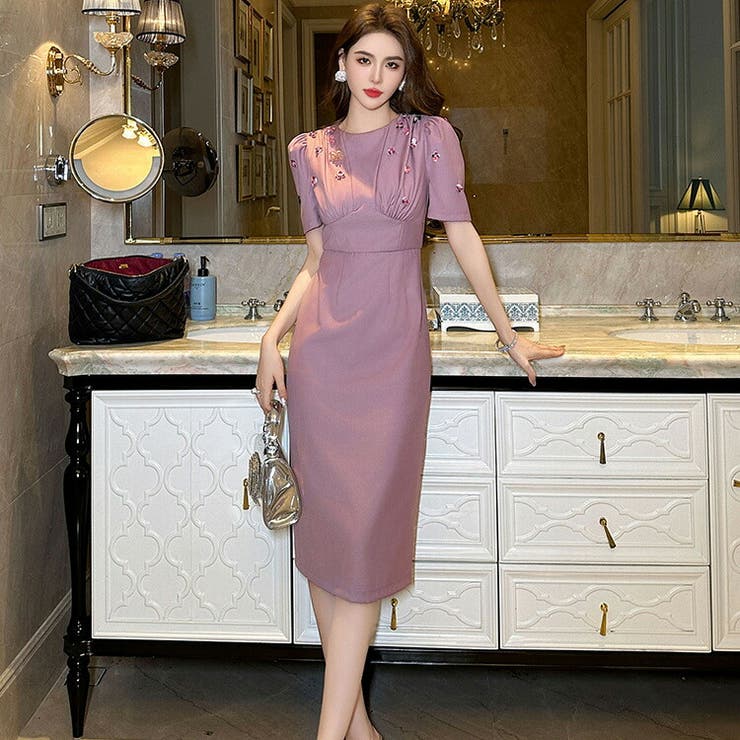 JS FASHION タイトワンピ スパンコール フラワーモチーフ パーティードレス ワンピース タイト ワンピース 半袖 ミディアム丈 膝丈 ひざ丈 きれいめ 上品 結婚式 春 夏 秋 冬 レディース お呼ばれドレス 60代 50代 40代 30代 2