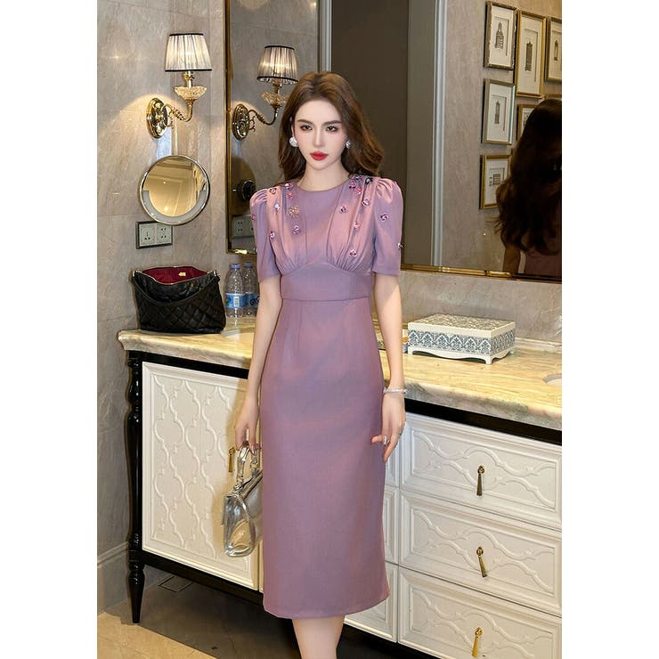 JS FASHION タイトワンピ スパンコール フラワーモチーフ パーティードレス ワンピース タイト ワンピース 半袖 ミディアム丈 膝丈 ひざ丈 きれいめ 上品 結婚式 春 夏 秋 冬 レディース お呼ばれドレス 60代 50代 40代 30代 2