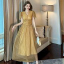 JS FASHION タイトワンピ ブラウス ワンピース パーティードレス Vネック ラメ入り パールボタン レイヤードワンピ フレア Aラインワンピース 半袖 ロング丈 きれいめ 結婚式 春 夏 秋 冬 お呼ばれドレス 60代 50代 40代 30代
